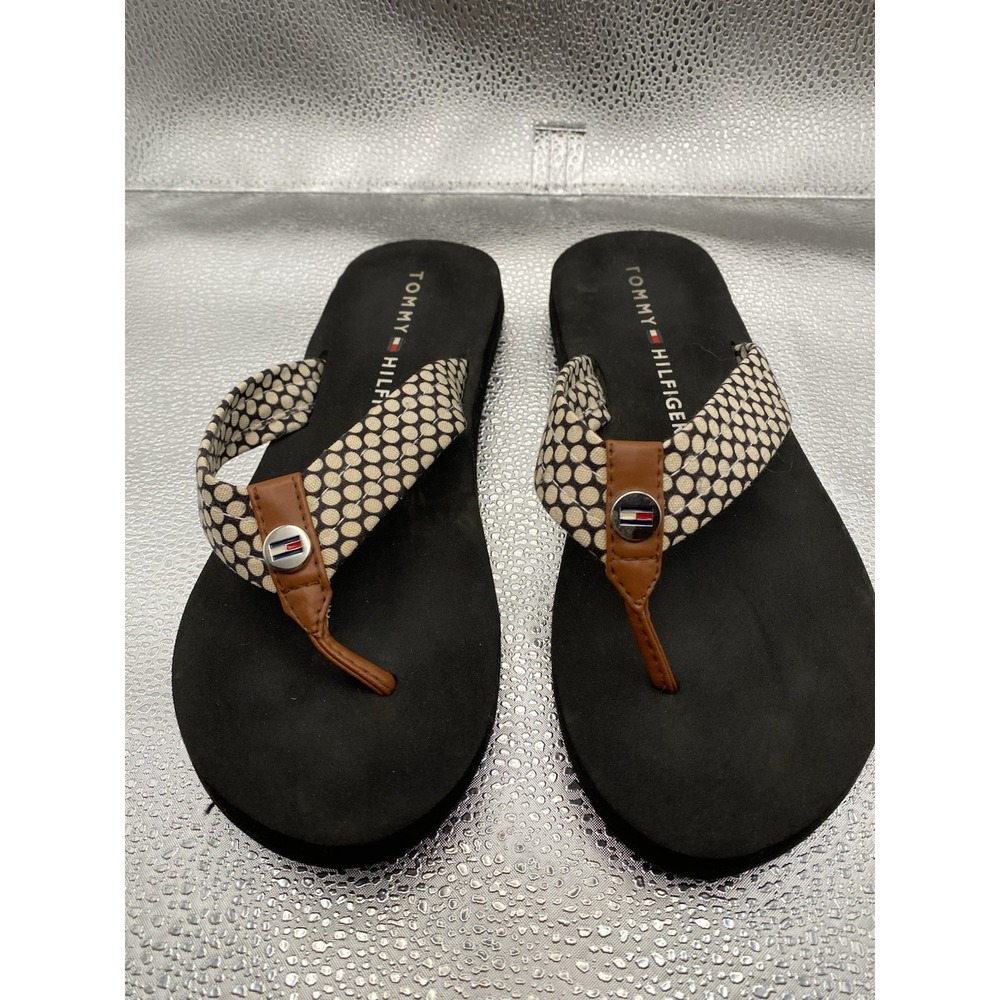 Tommy Hilfiger Polka Dot Logo Slip-On Strappy Black Beige Women's Flip Flop San…